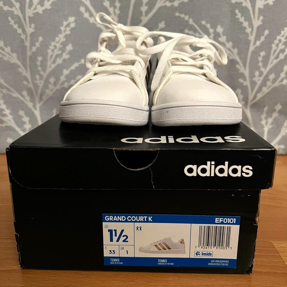 New Adidas Kids White & Rose Gold Grand Court Sneakers - 1.5 - Picture 2 of 7